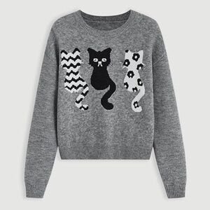 Cat Print Pattern Drop Shoulder Sweater Relaxed Fit Size Small